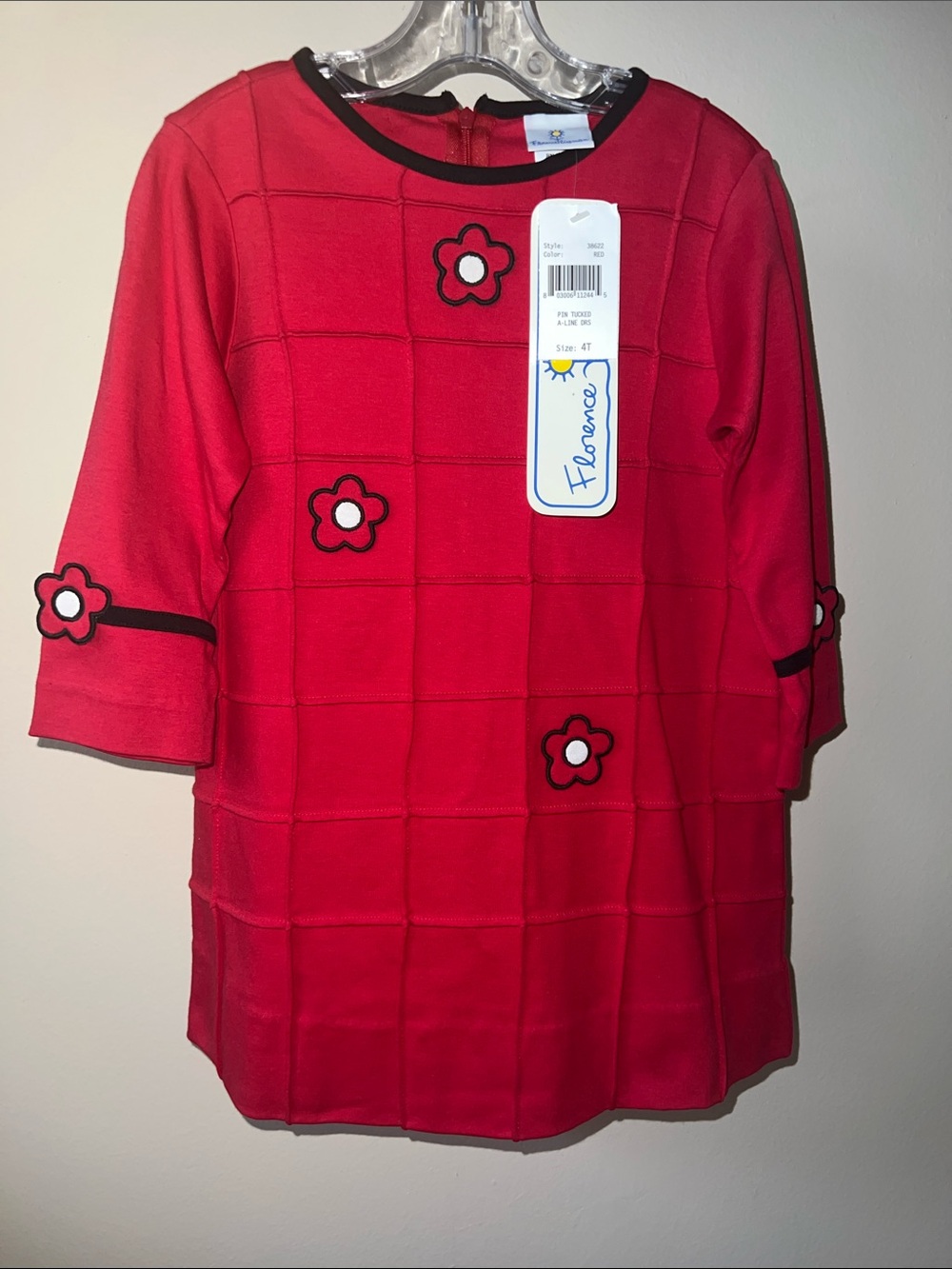 Florence Eiseman Bright Red Knit Dress with Black Trim and floral applique. 4T